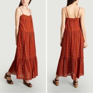 BA&SH Kyo Tiered Cotton Sleeveless Maxi Dress Caramel Brick Stripe Women's XS 4